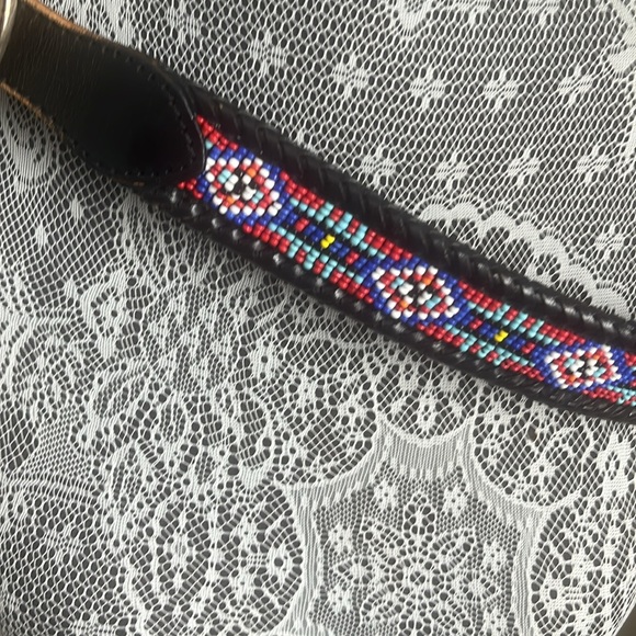 Vintage Eddie Bauer Beaded Leather Belt Braided Edges Black Silver Size 34 - Picture 4 of 9